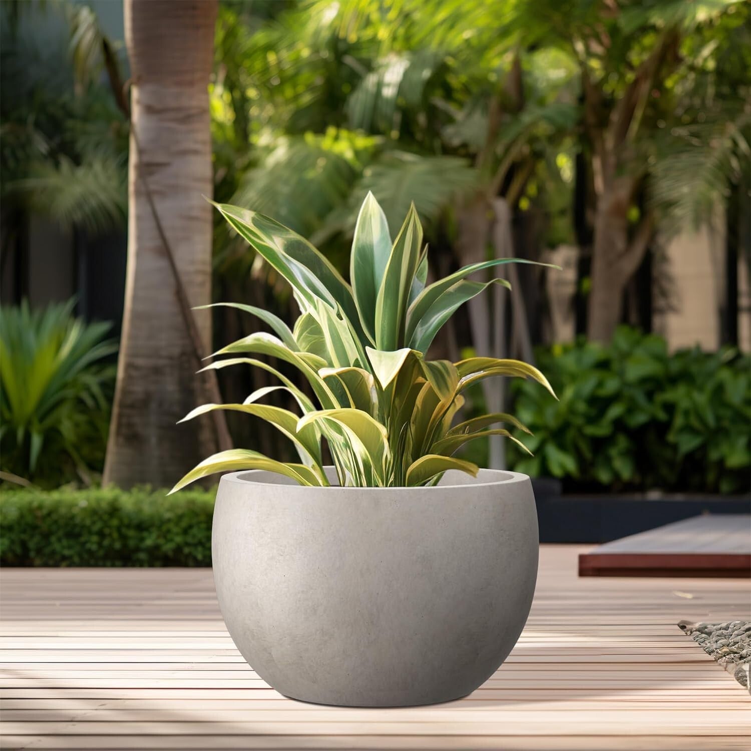 19.9" Weathered Concrete Planter with Drainage - Stylish Indoor/Outdoor Bowl Pot