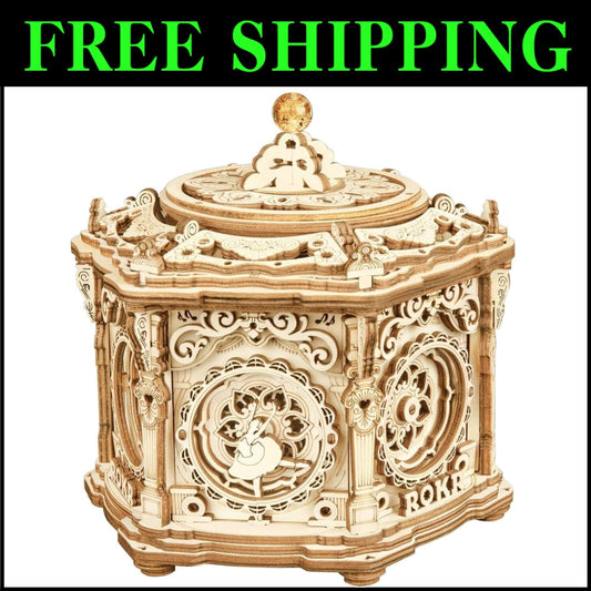 Handcrafted Vintage Music Box Puzzle with Ballerina & Hidden Trinket Compartment