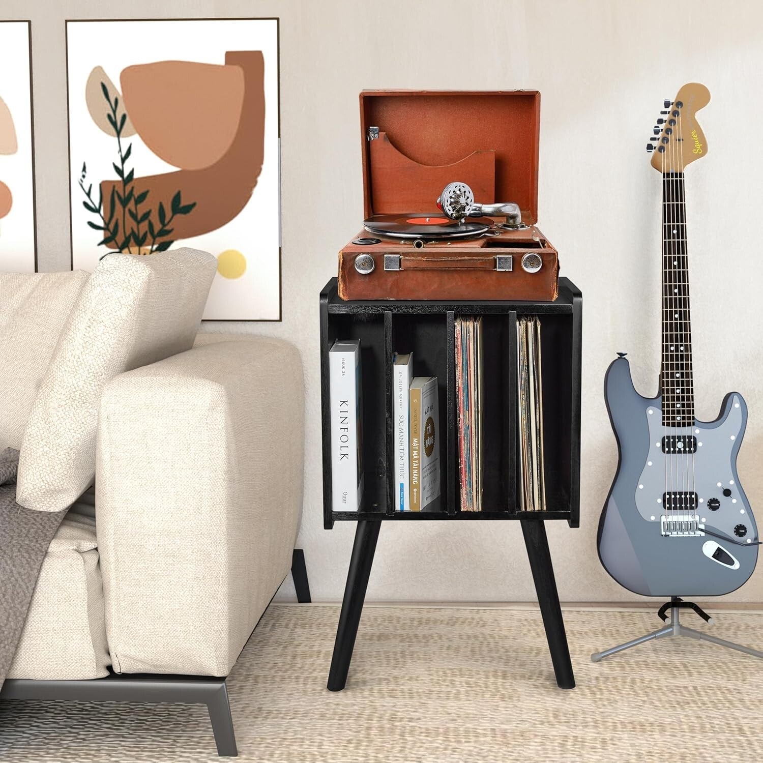 Elegant 2-Tier Wooden Record Player Stand with Anti-Slip Protection - 4 Cabinets