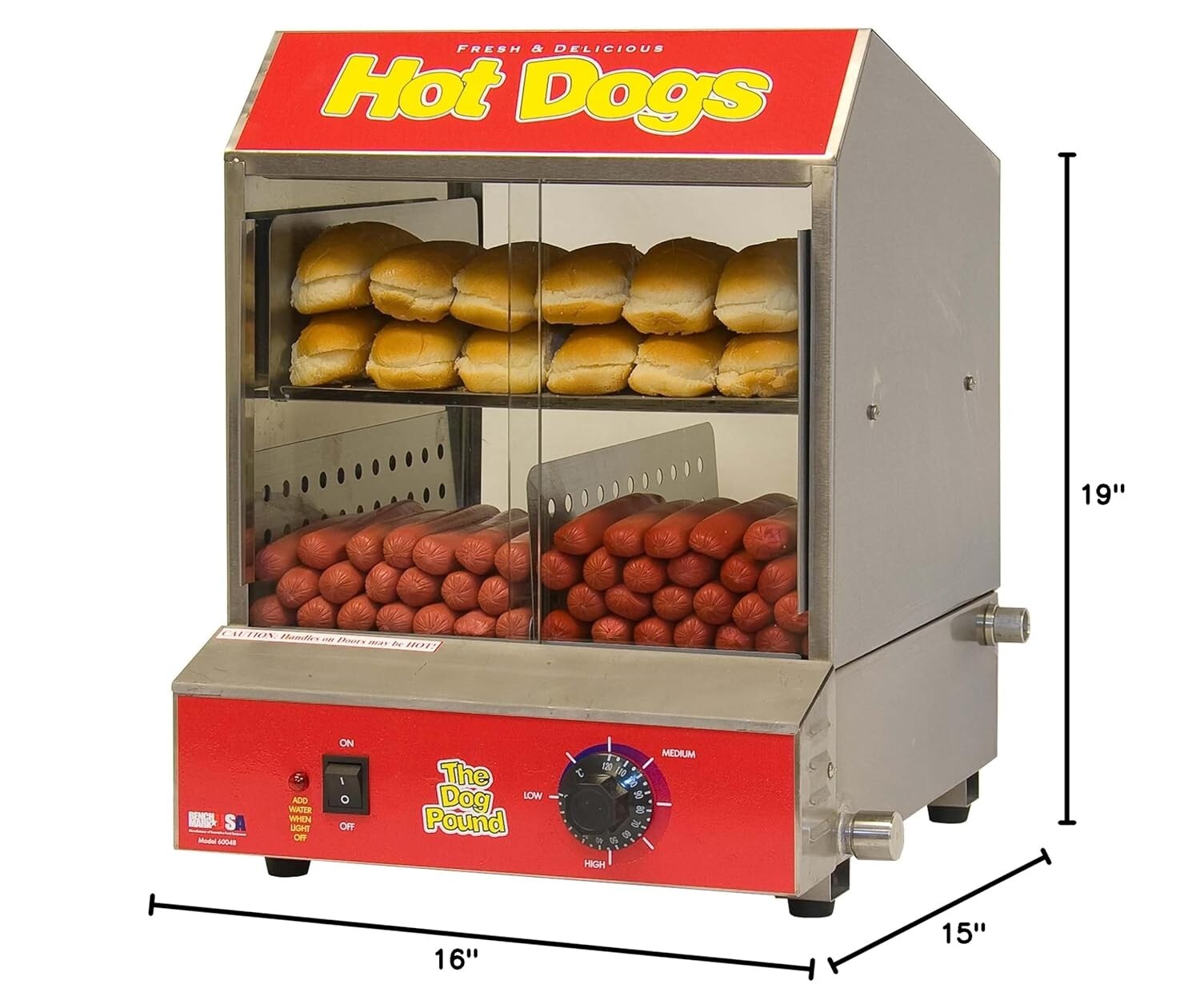 Commercial Hotdog Steamer - Holds 164 Dogs & 36 Buns, Stainless Steel Design