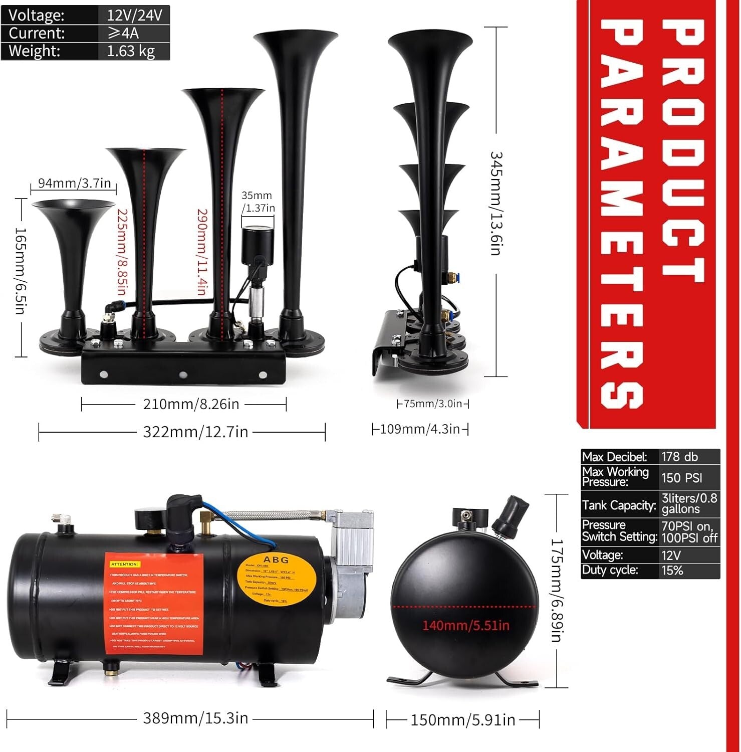 Complete 178dB Train Horn System with Easy Installation - Heavy Duty Durability