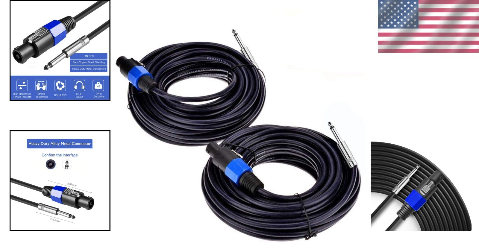 2-Pack 50 ft Speakon to 1/4" Male Speaker Cable - Professional Audio Performance