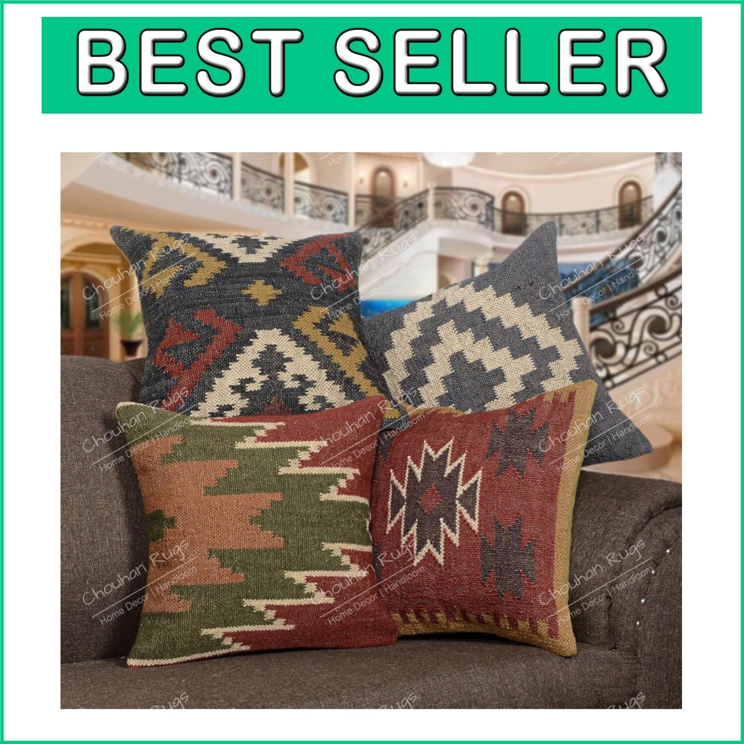 Durable 18x18 Hand Crafted Jute Kilim Cushion Covers - Set of 4 Vintage Style