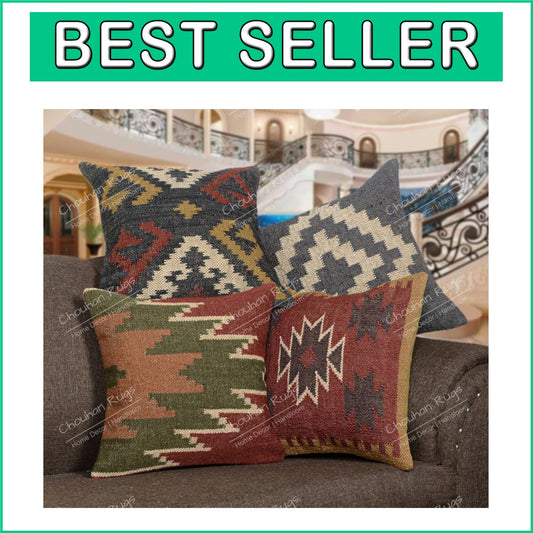 Durable 18x18 Hand Crafted Jute Kilim Cushion Covers - Set of 4 Vintage Style