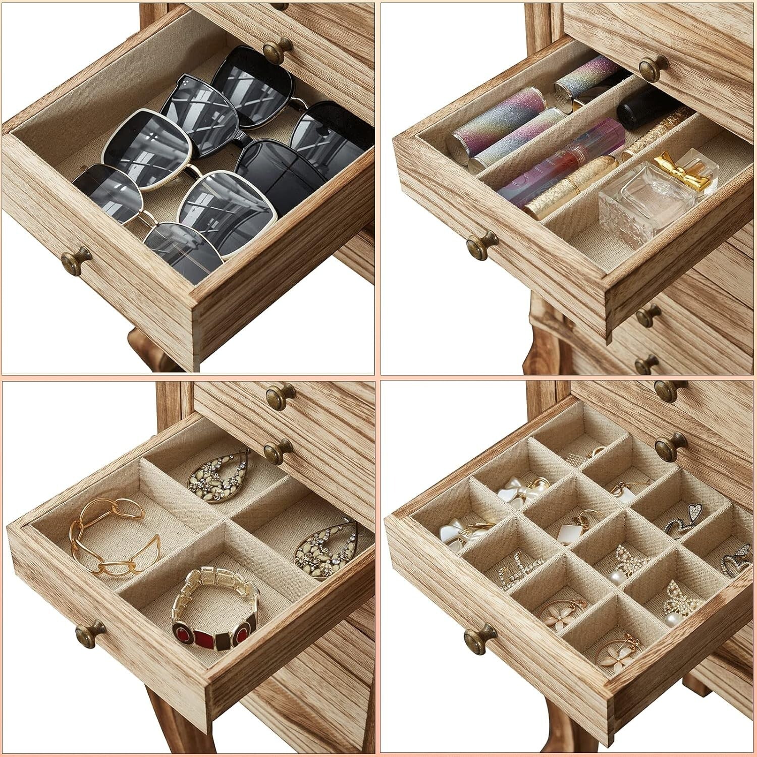 Elegant Jewelry Chest with 7 Drawers & Mirror - Freestanding Rustic Wood Design