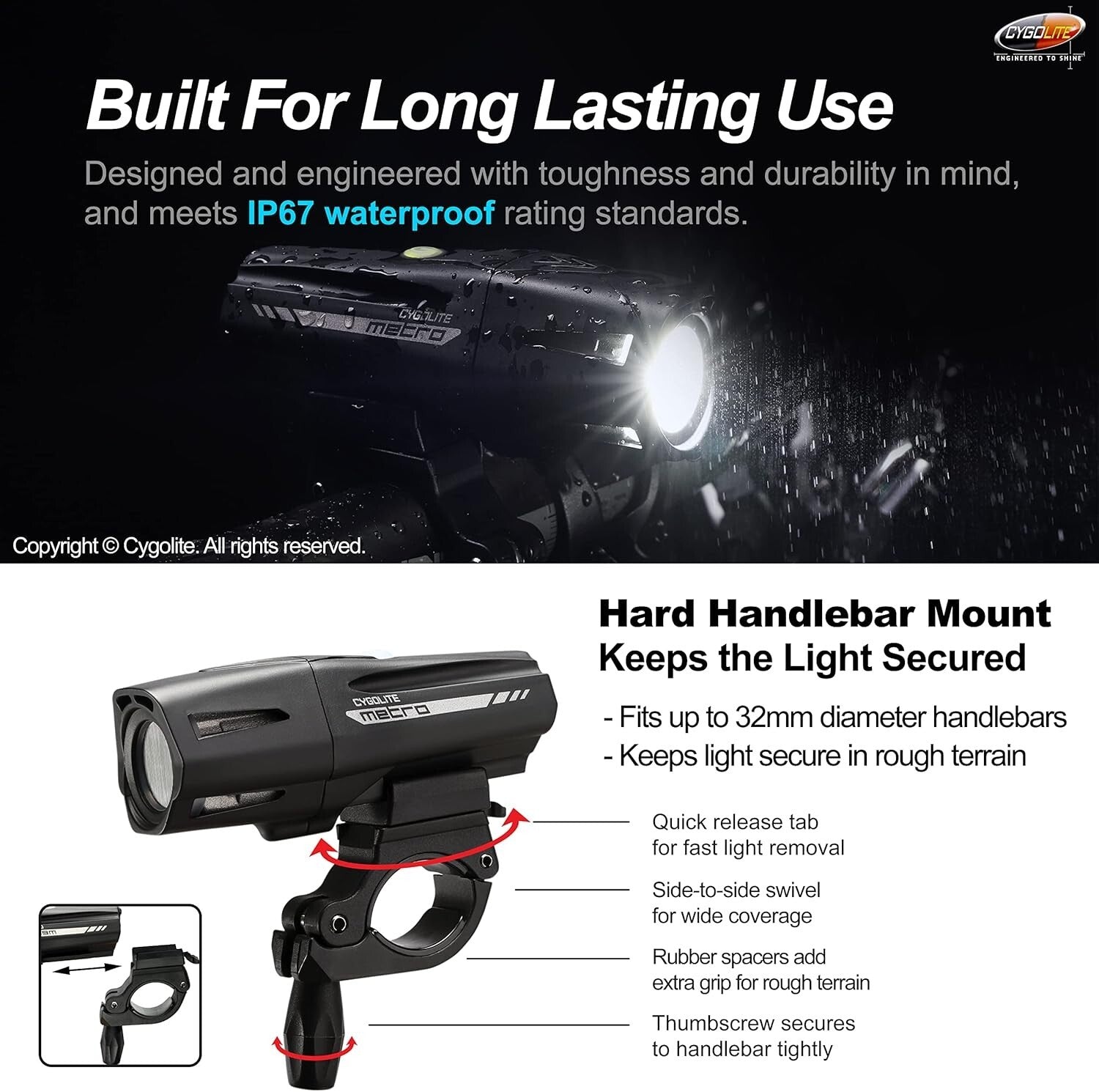 Durable IP67 Waterproof 650 Lumen Bicycle Headlight with Secure Handlebar Mount