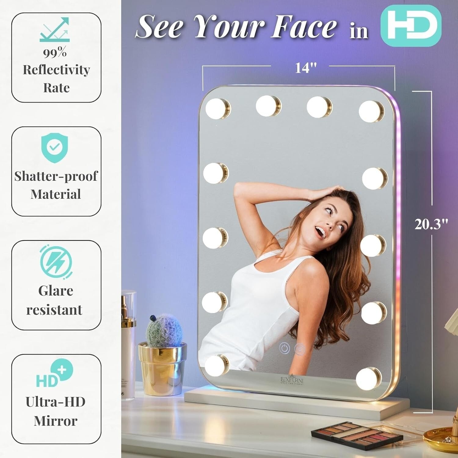 Elegant Vanity Mirror with RGB Lighting and Adjustable Brightness - 20.3"x14"
