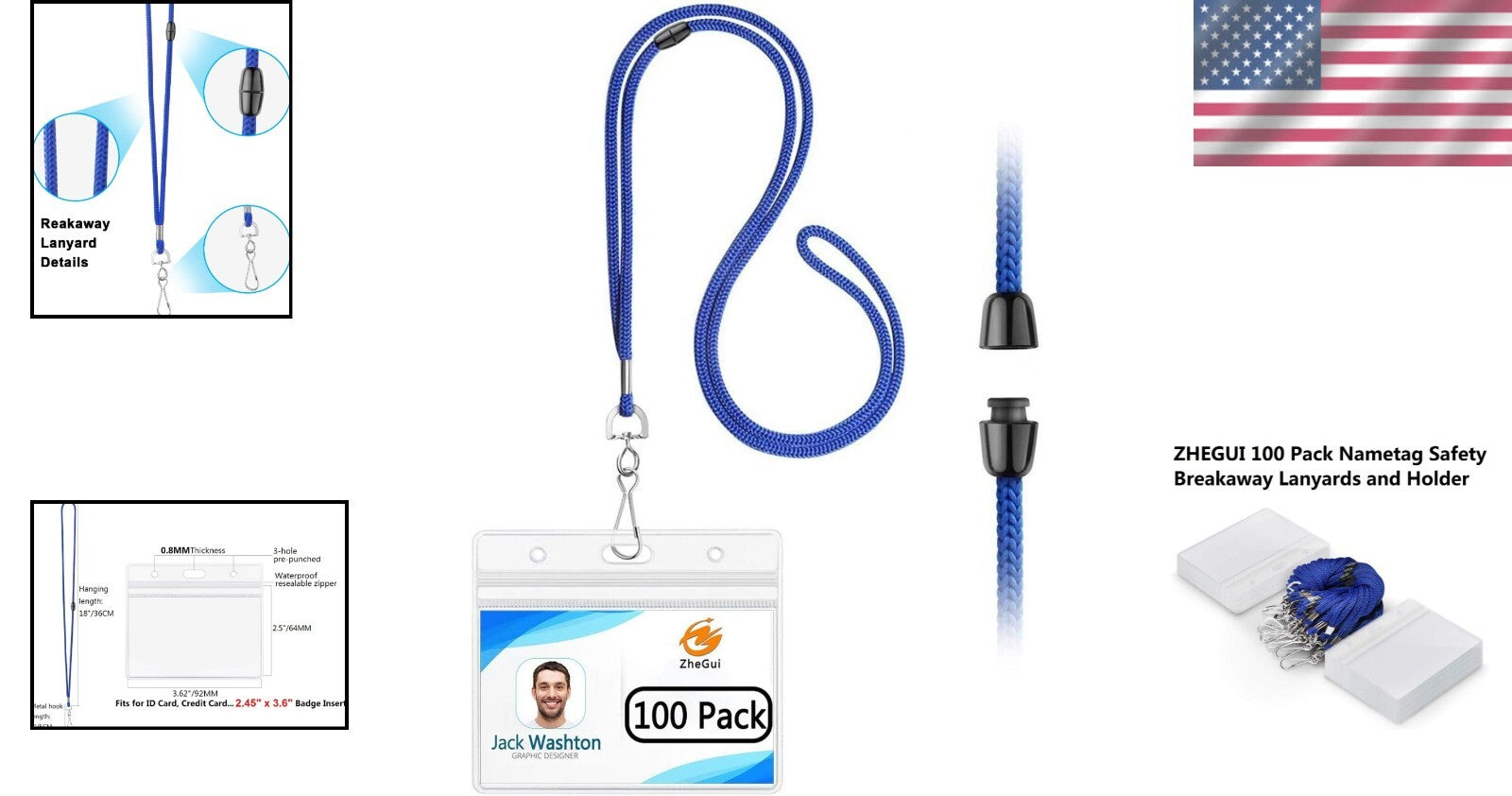 100-Pack Breakaway Safety Lanyards with Horizontal ID Badge Holders - Royal Blue