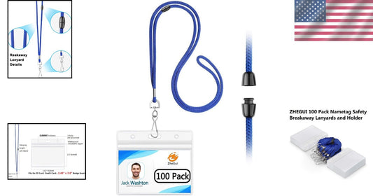 100-Pack Breakaway Safety Lanyards with Horizontal ID Badge Holders - Royal Blue