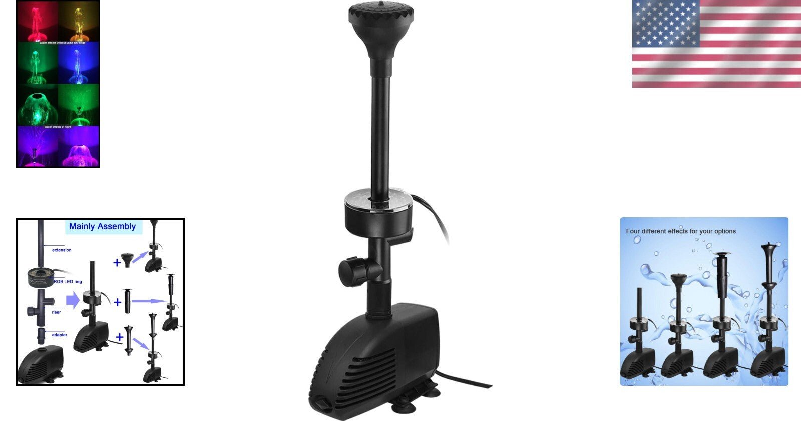 Ultra Quiet 660 GPH Water Fountain Pump with Detachable RGB Lights for Gardens