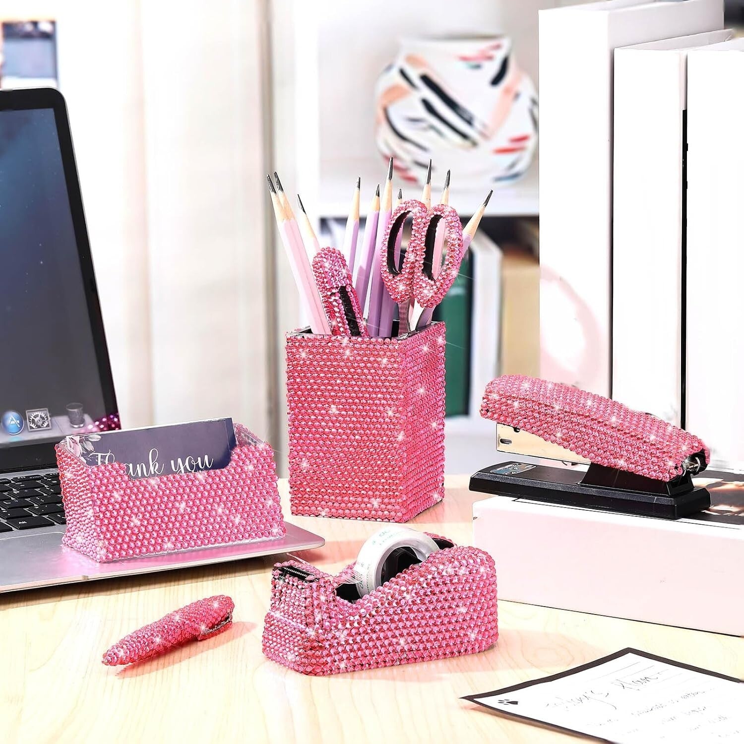 7-Piece Pink Diamond Desk Set: Scissors, Stapler, and Tape Dispenser Included