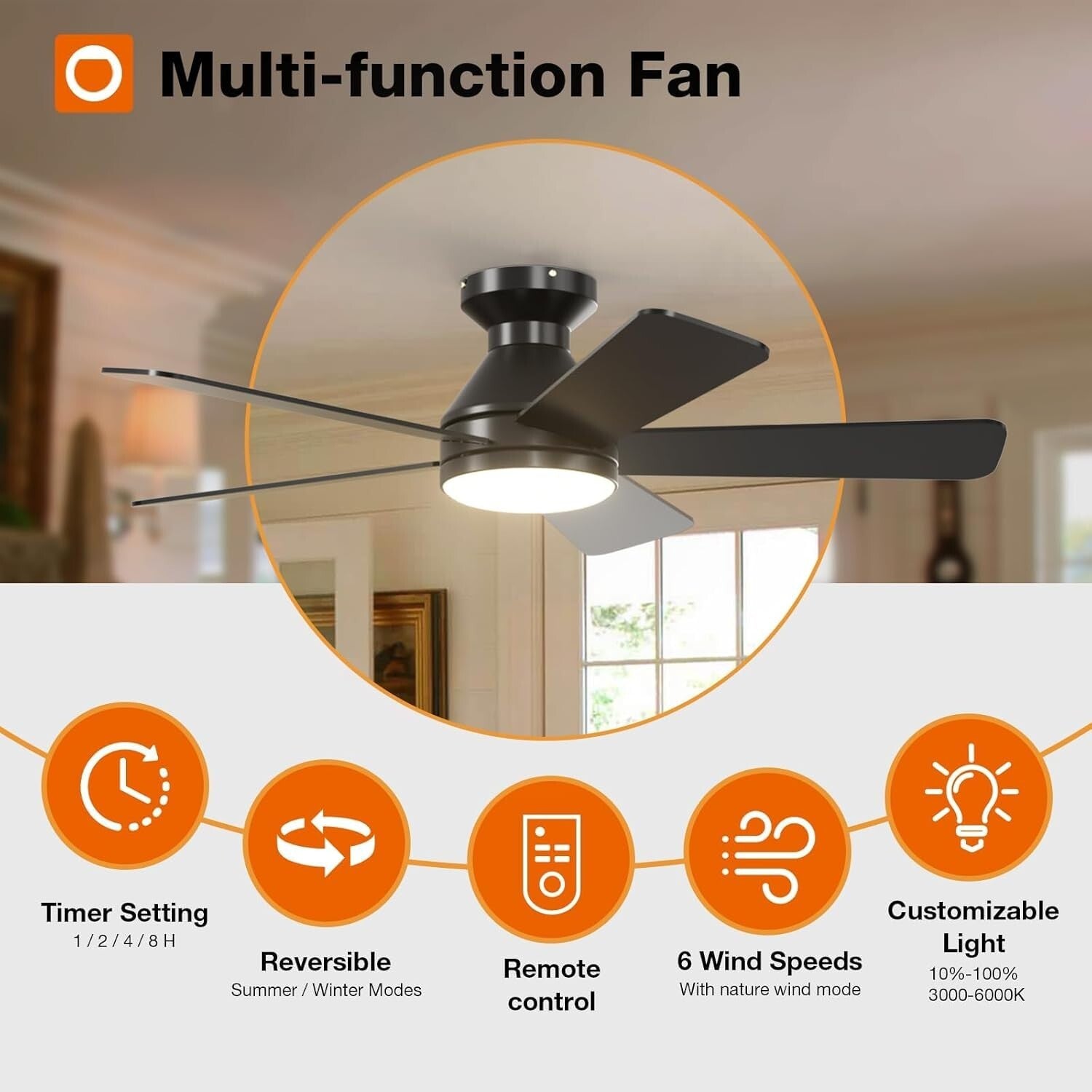 42-Inch Ceiling Fan with Light - Modern Matte Black, Remote & Timer Function