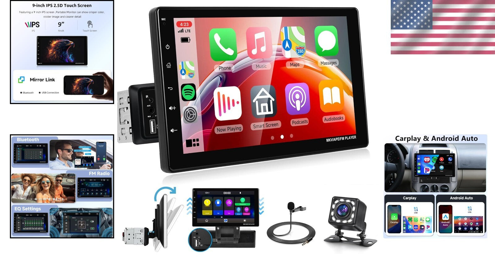 Detachable Touchscreen Car Multimedia Player with Bluetooth & Backup Camera