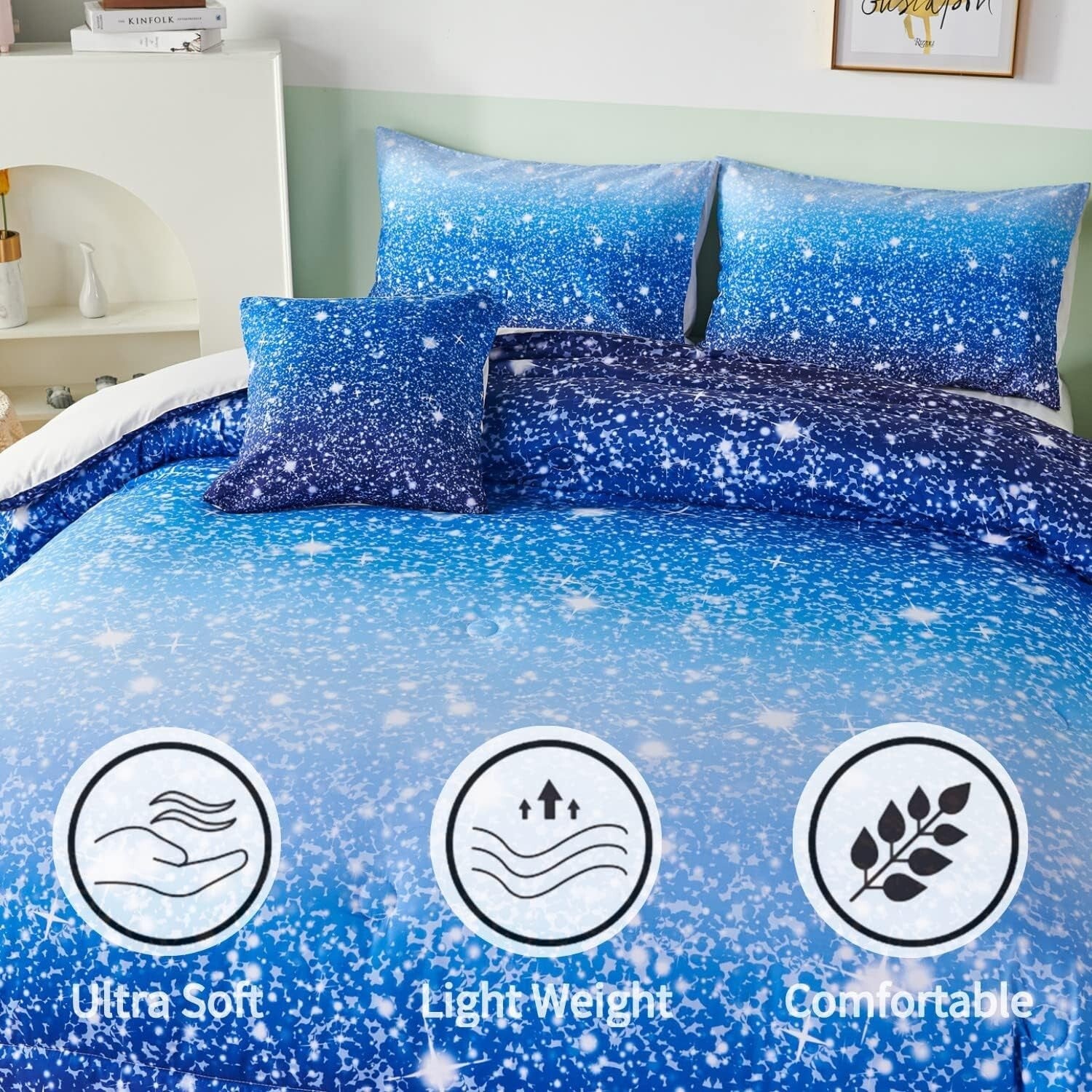6Pcs Ombre Aqua Blue Glitter Comforter Set for Full Size Beds - Kids Design