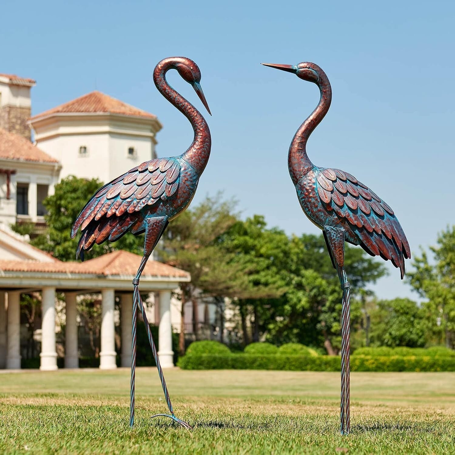 Exquisite Patina Metal Heron Statues for Elegant Outdoor Settings - 47-48 Inches
