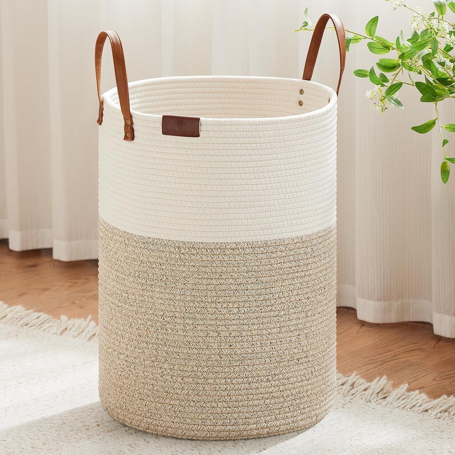 Durable 100L Laundry Hamper with Leather Handle - Portable Woven Storage Basket