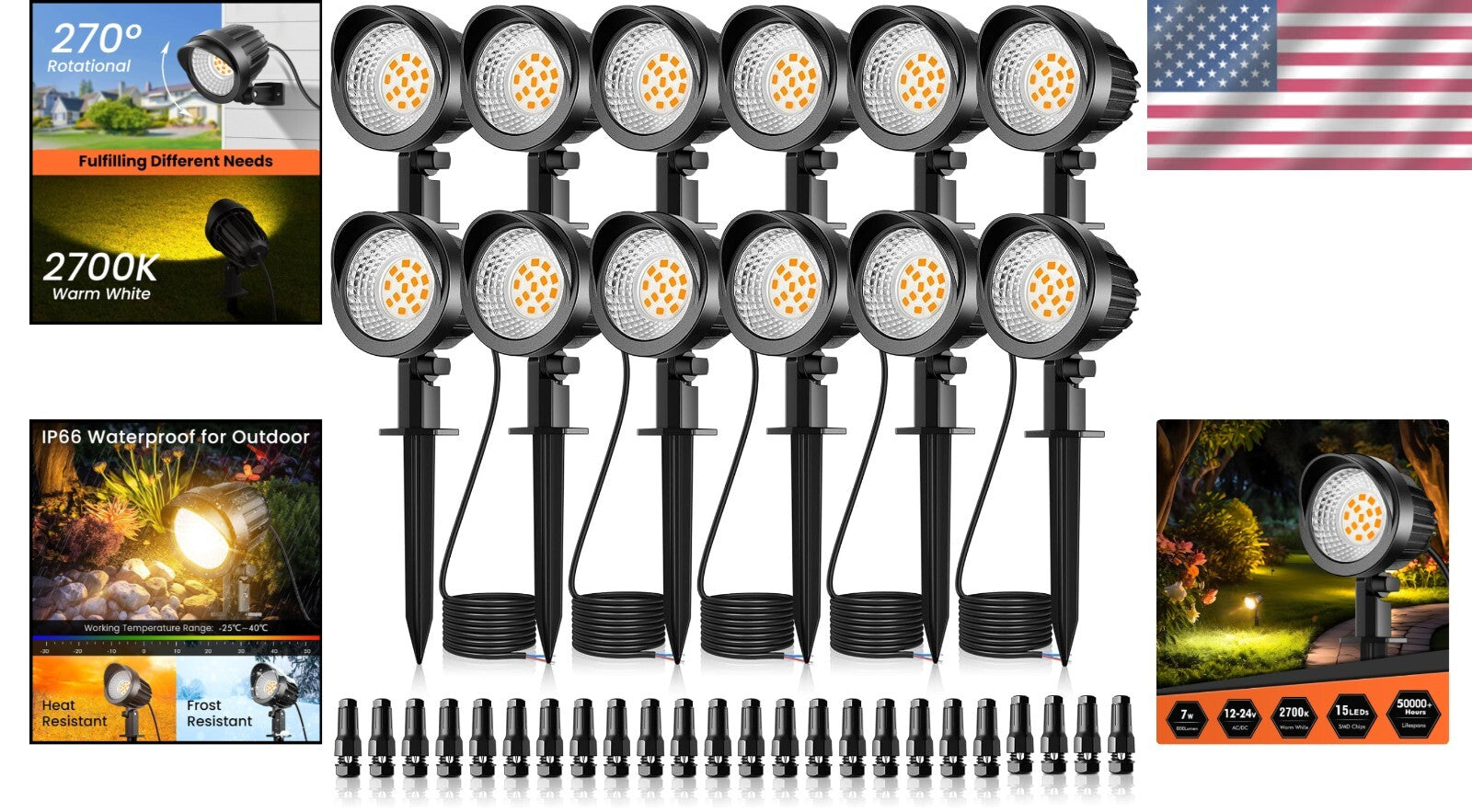 Energy-Efficient 7W LED Outdoor Spotlights - 12-Pack, Weather-Resistant Design