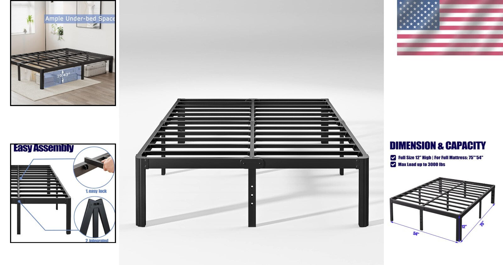 Full Size Black Metal Platform Bed Frame with Ample Storage and Stylish Finish