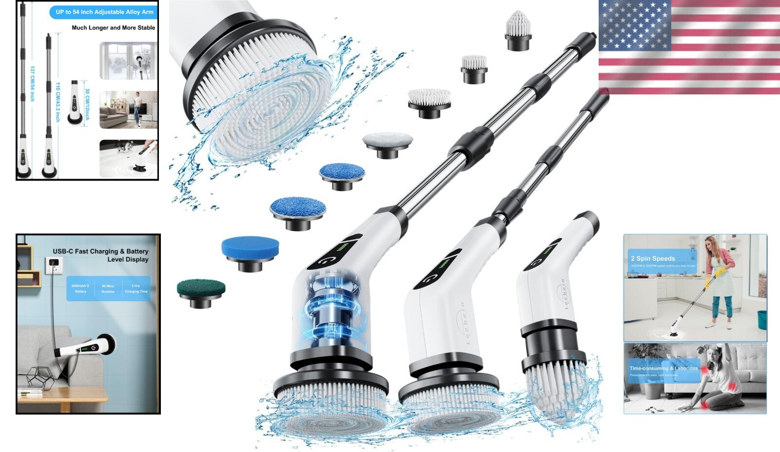 Dual-Speed Electric Spin Scrubber & Extendable Handle: Fast Deep Cleaning Tool