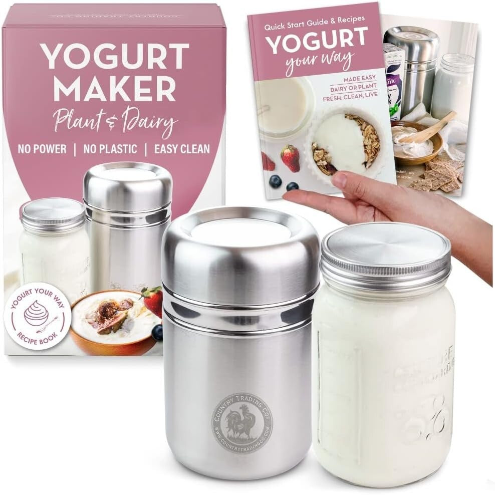 Compact Stainless Steel Yogurt Maker with 1 Quart Glass Jar & Recipe Book
