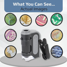 Load image into Gallery viewer, Professional Pocket Microscope with LED Light &amp; Smartphone Clip - Set of 4