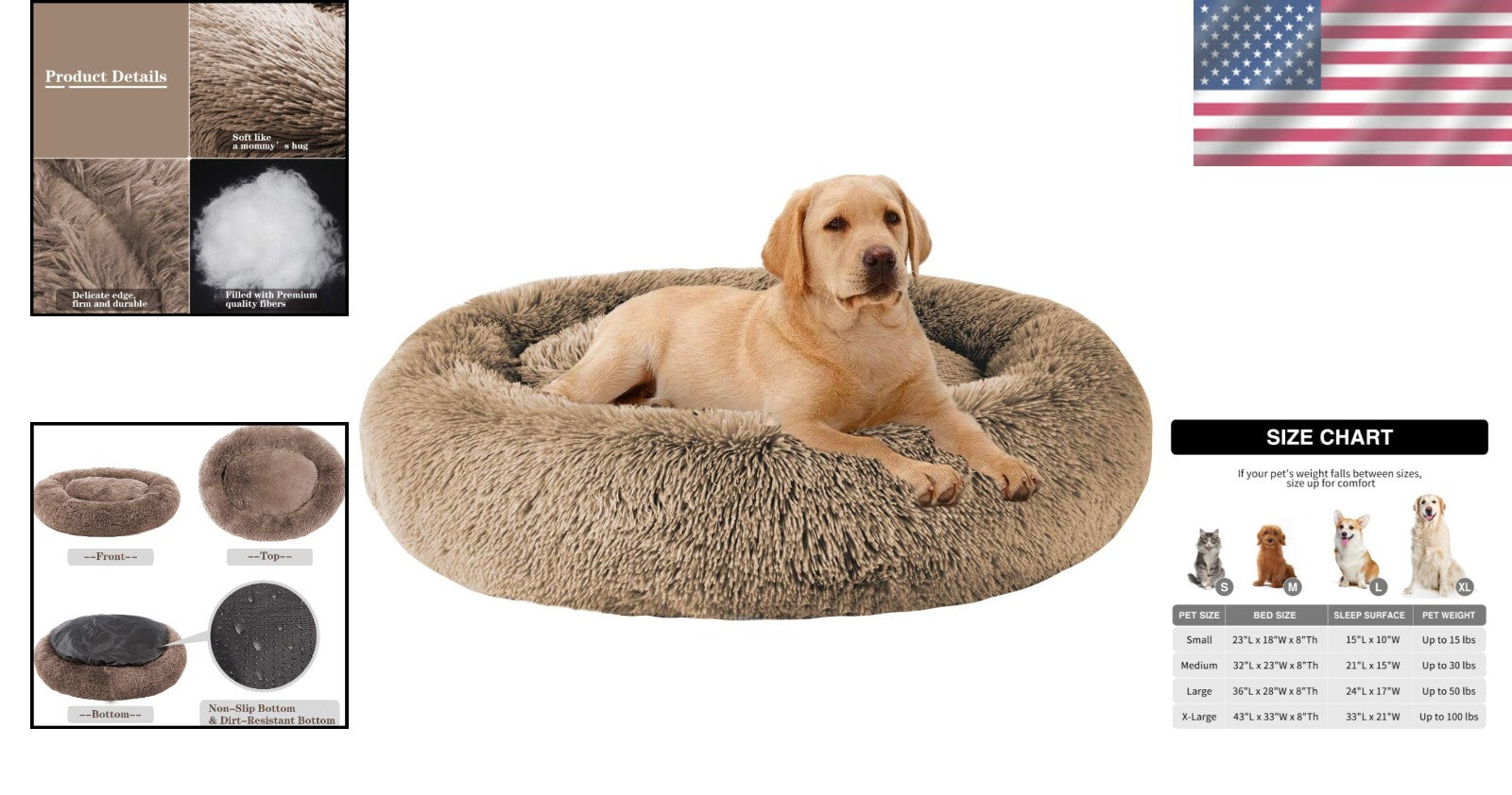 Calming Faux Fur Dog Bed (L/XL/XXL/XXXL) for Medium & Large Dogs - 32x24x8