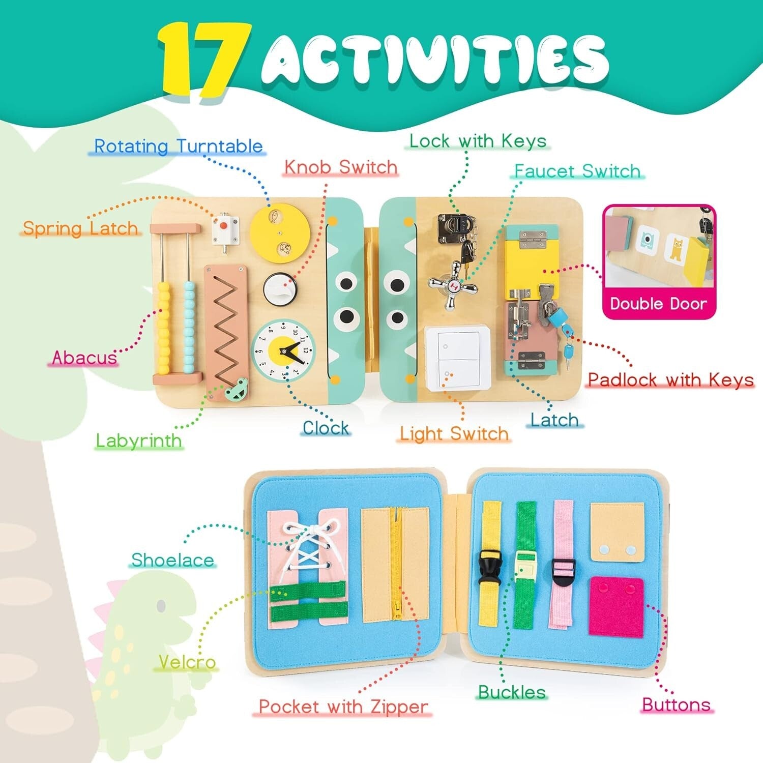 Educational 17 Activities Busy Board for Kids 2-4 Years - Fine Motor Skills
