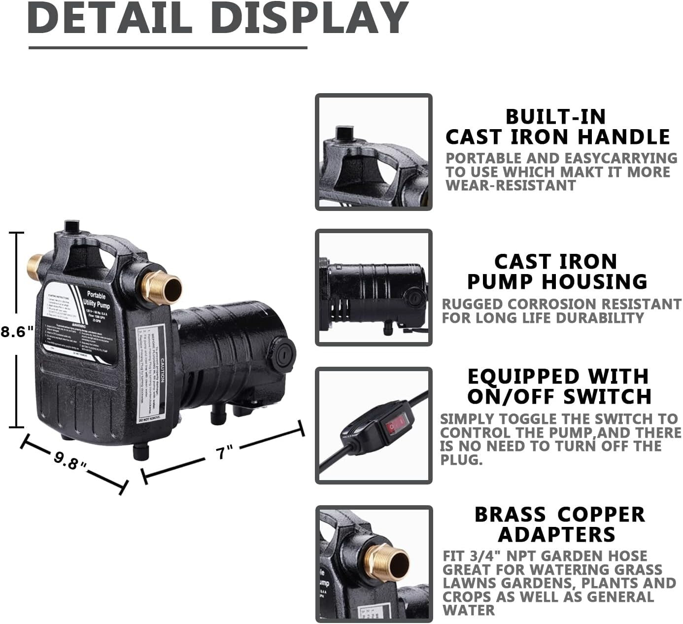 Portable 115V Utility Pump with ON/OFF Switch and Brass Connectors, 120ft Lift
