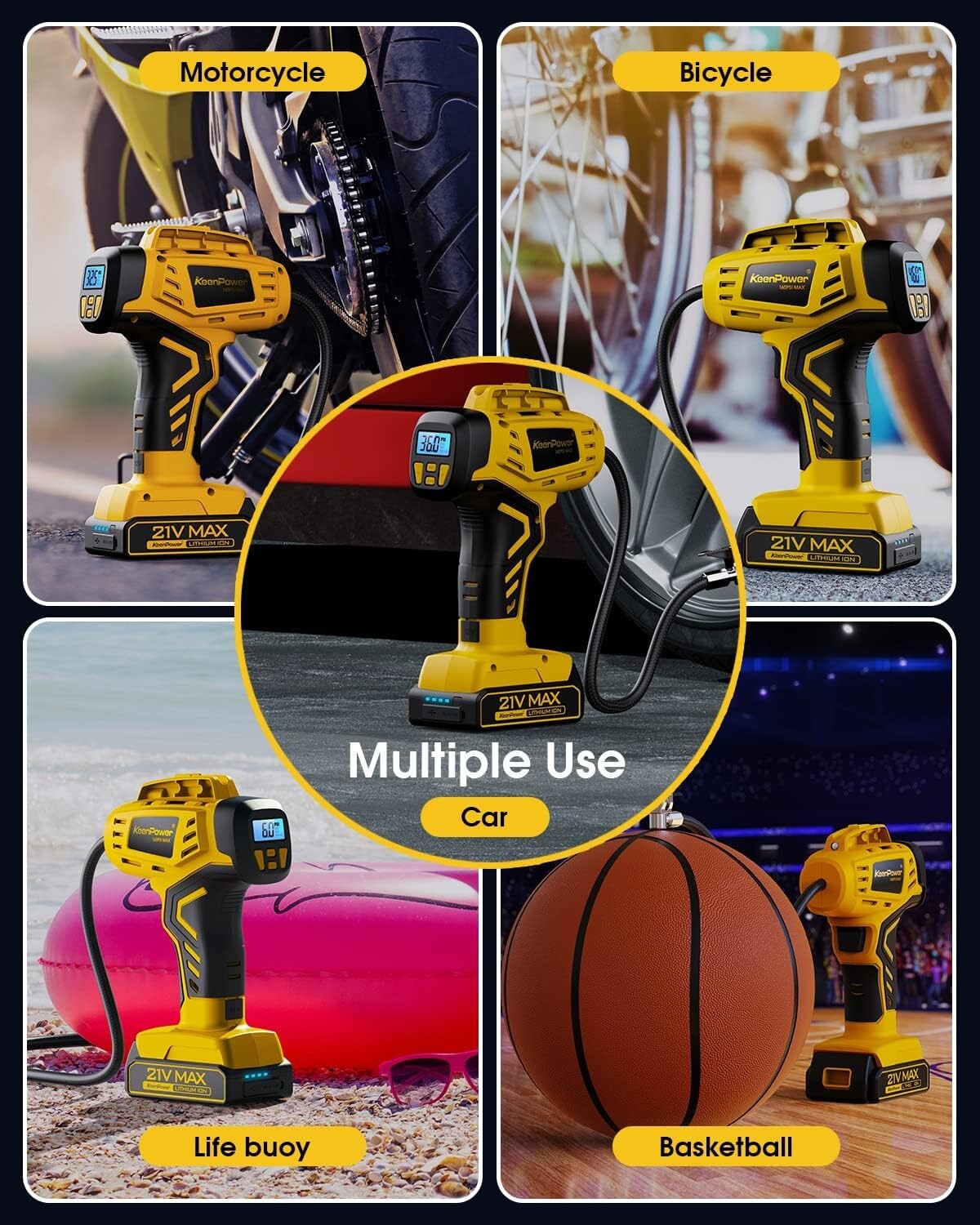 Quick-Charge Tire Inflator with 21V Battery - 160 PSI for Cars, Bikes & E-Bikes