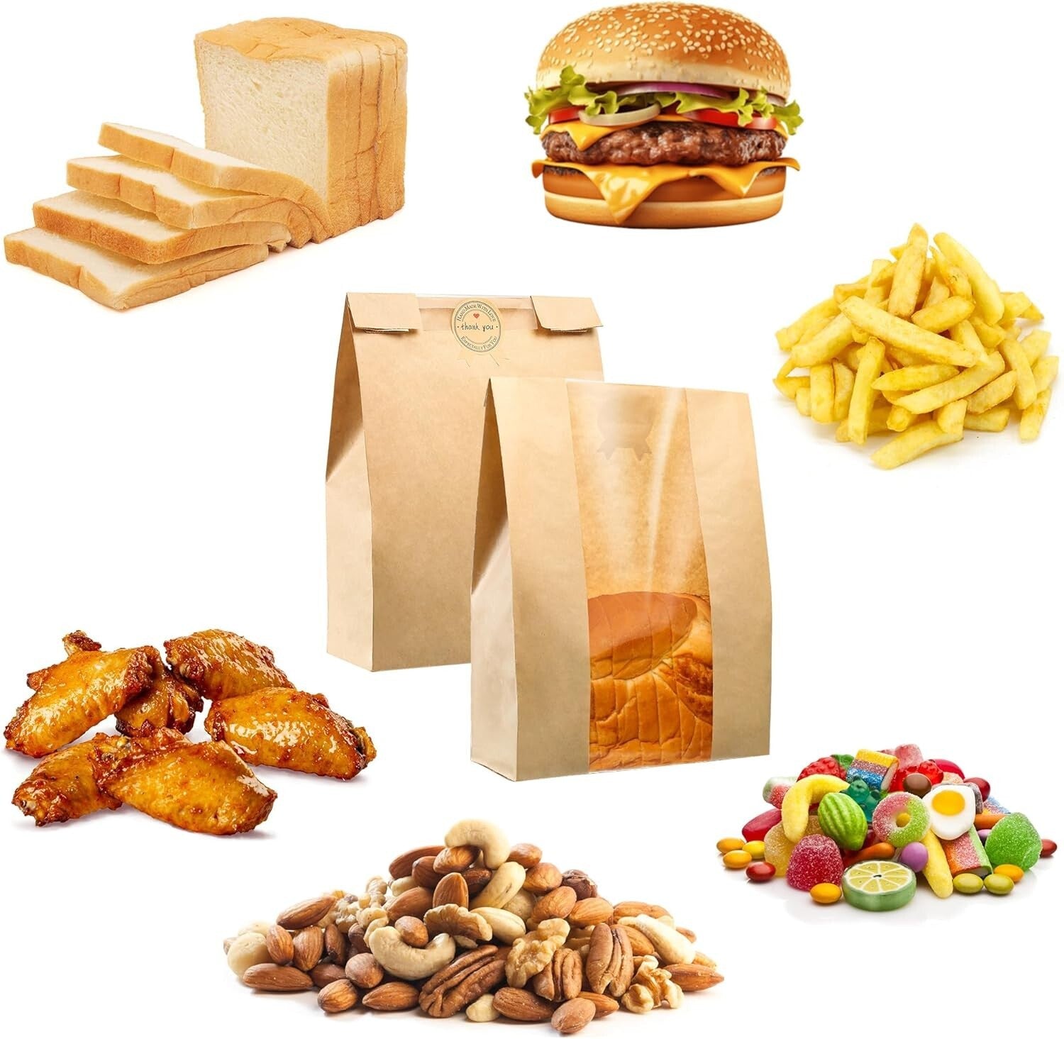 200 Pcs 50% Thicker Kraft Brown Bread Bags with Window & 210 Cute Stickers