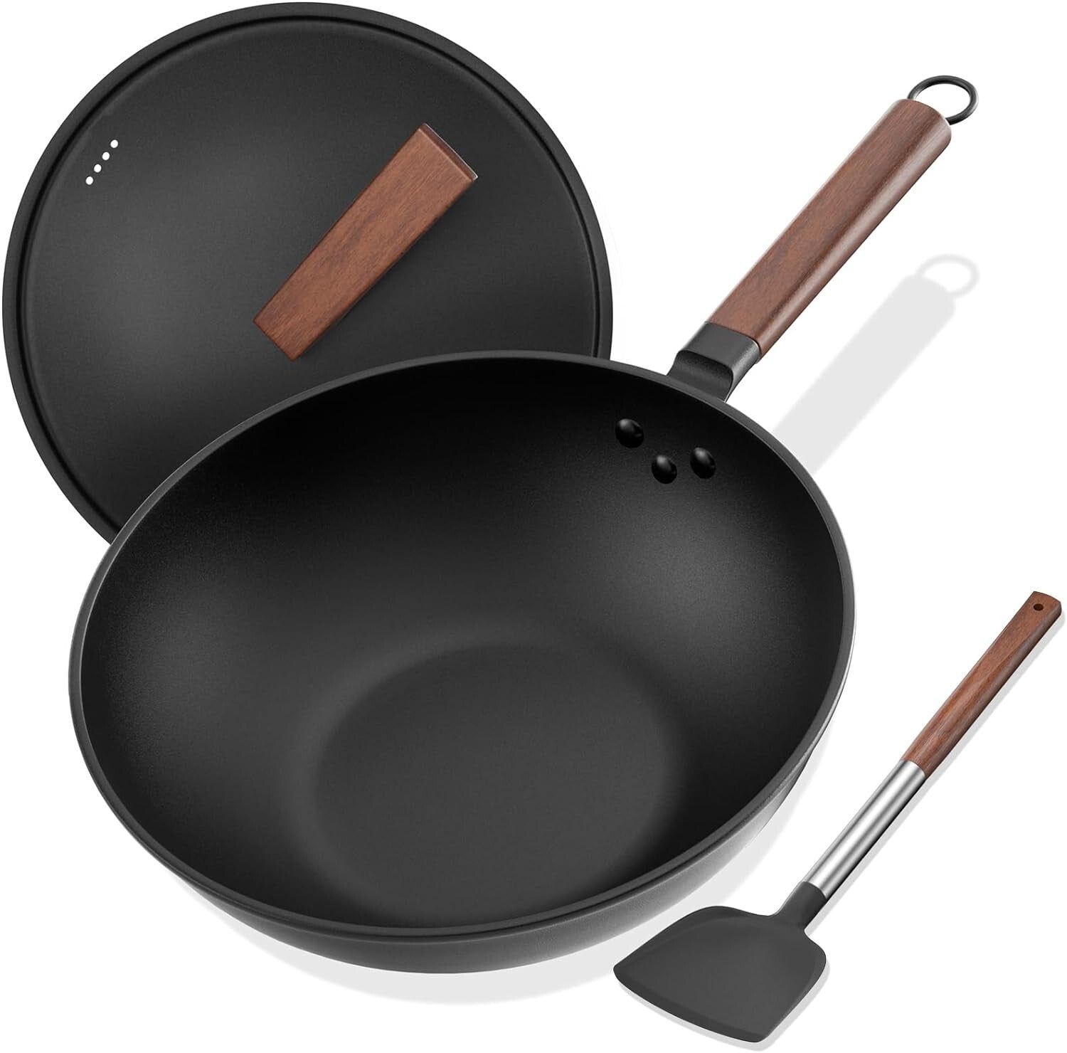 High-Temperature Carbon Steel Wok, 13-Inch with Vertical Lid & Non-Stick Spatula