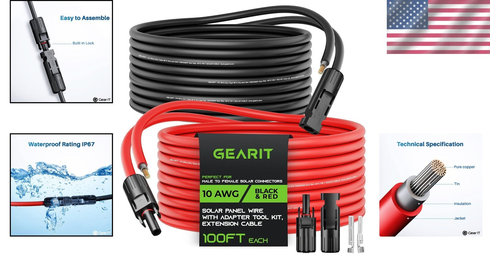 Weatherproof 100FT 10AWG Solar Extension Cable with Tinned Copper Connectors