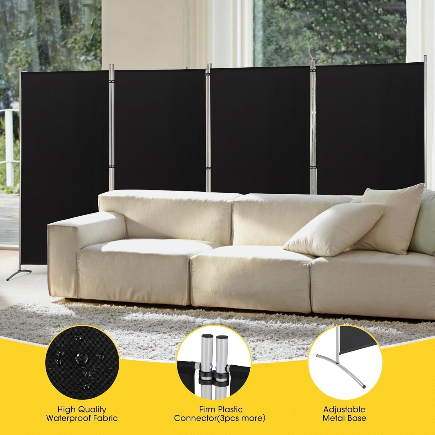 6ft Tall Black Folding Room Divider - Durable Privacy Screen for Home & Office