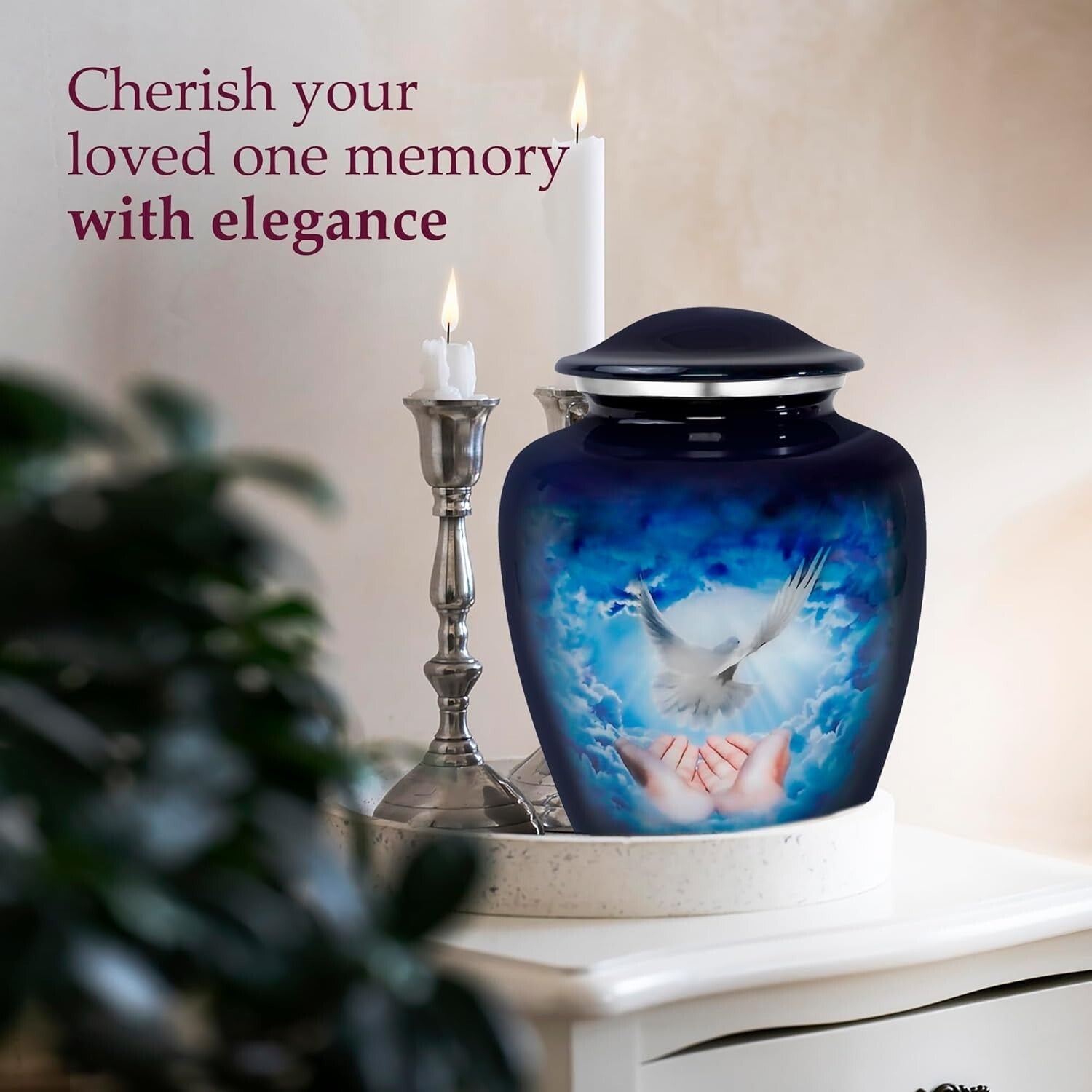 Durable 9.2" Blue Dove Cremation Urn - Secure Threaded Top, Velvet Bag Included