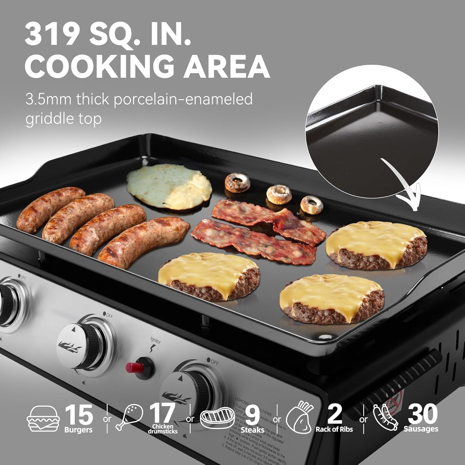 Portable Tabletop Gas Grill Griddle - 319 sq. in Cooking Area for Gatherings