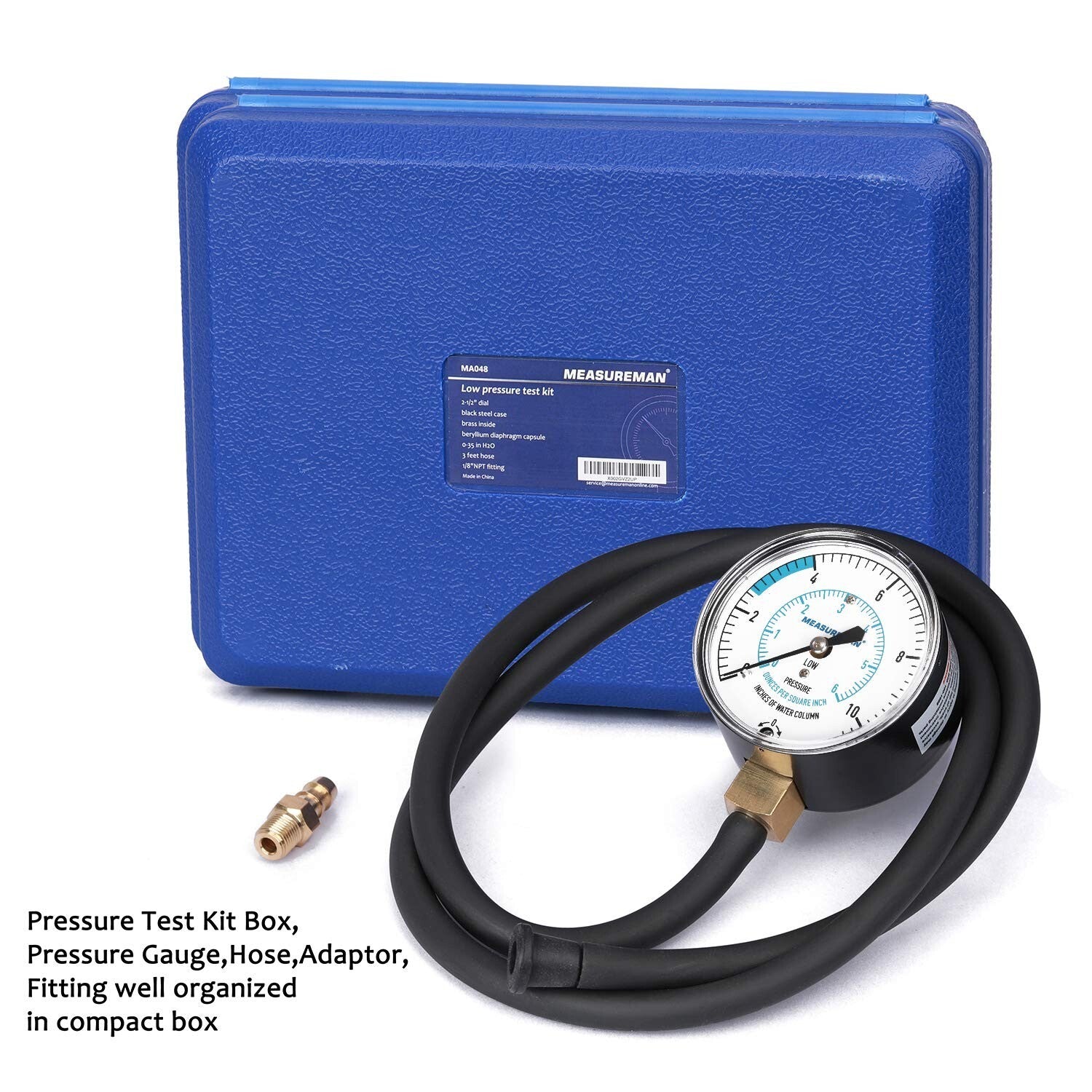 0-10" W.C. Manifold Pressure Test Kit with 40" Rubber Hose - Easy to Use & Store
