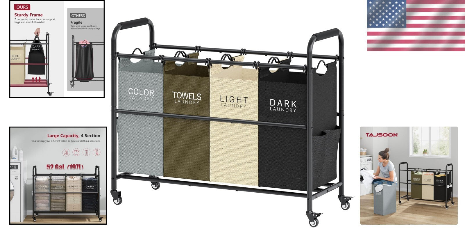 Heavy-Duty 4-Section Laundry Hamper on Wheels - Removable waterproof Bags