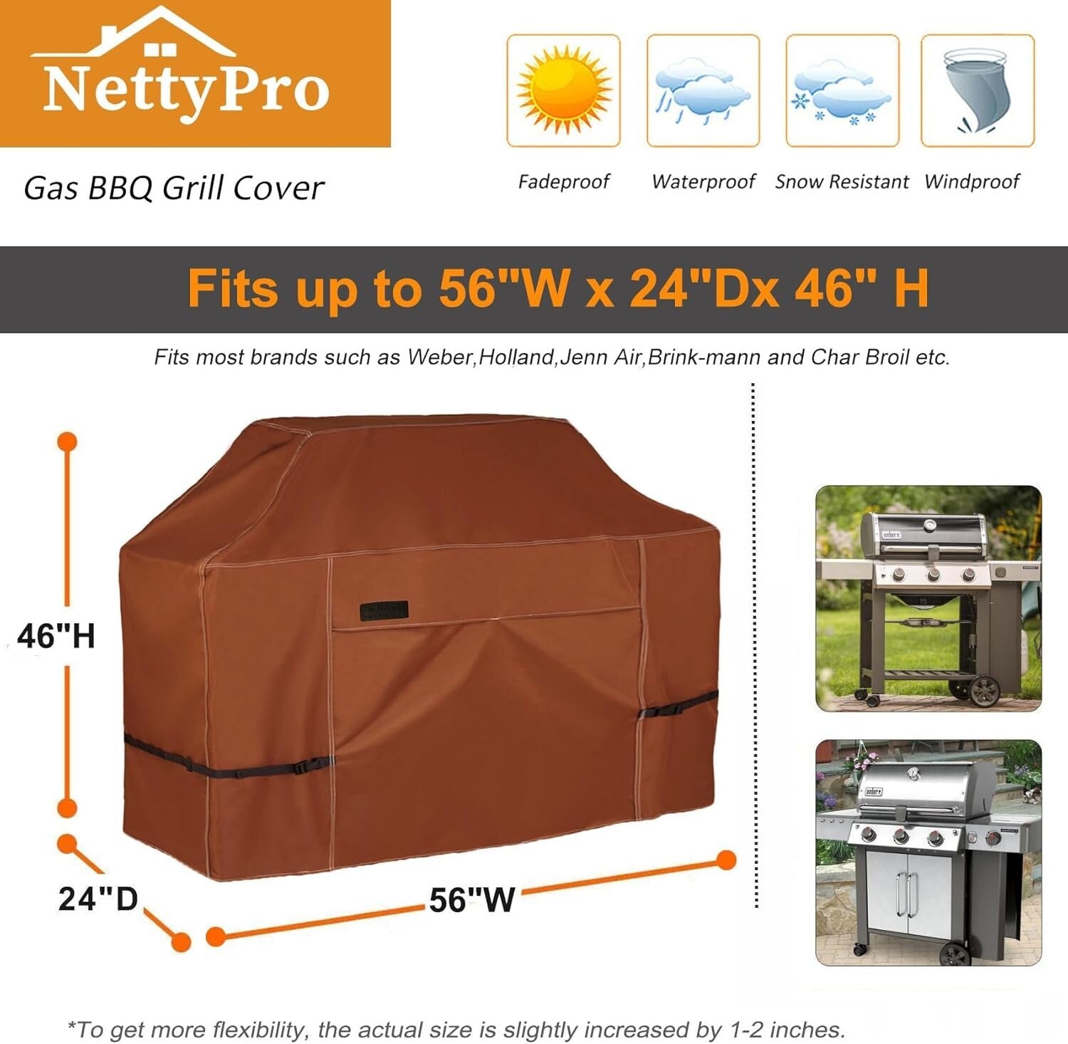 Secure Fit BBQ Grill Cover 56 Inch - Adjustable Waterproof Protection in Brown