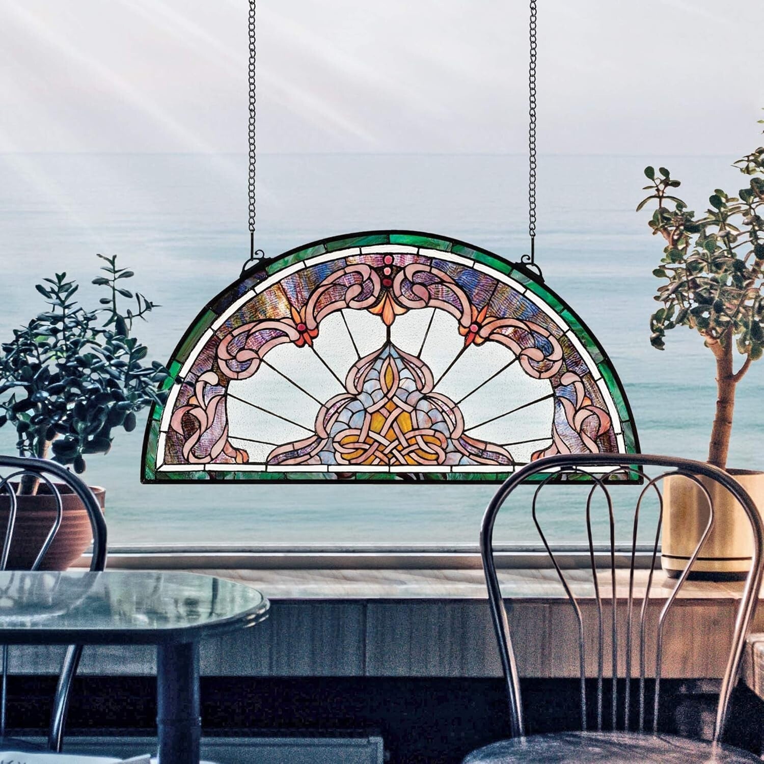 Victorian-Inspired Stained Glass Window Panel - 32'' Demi-Lune Amethyst Elegance