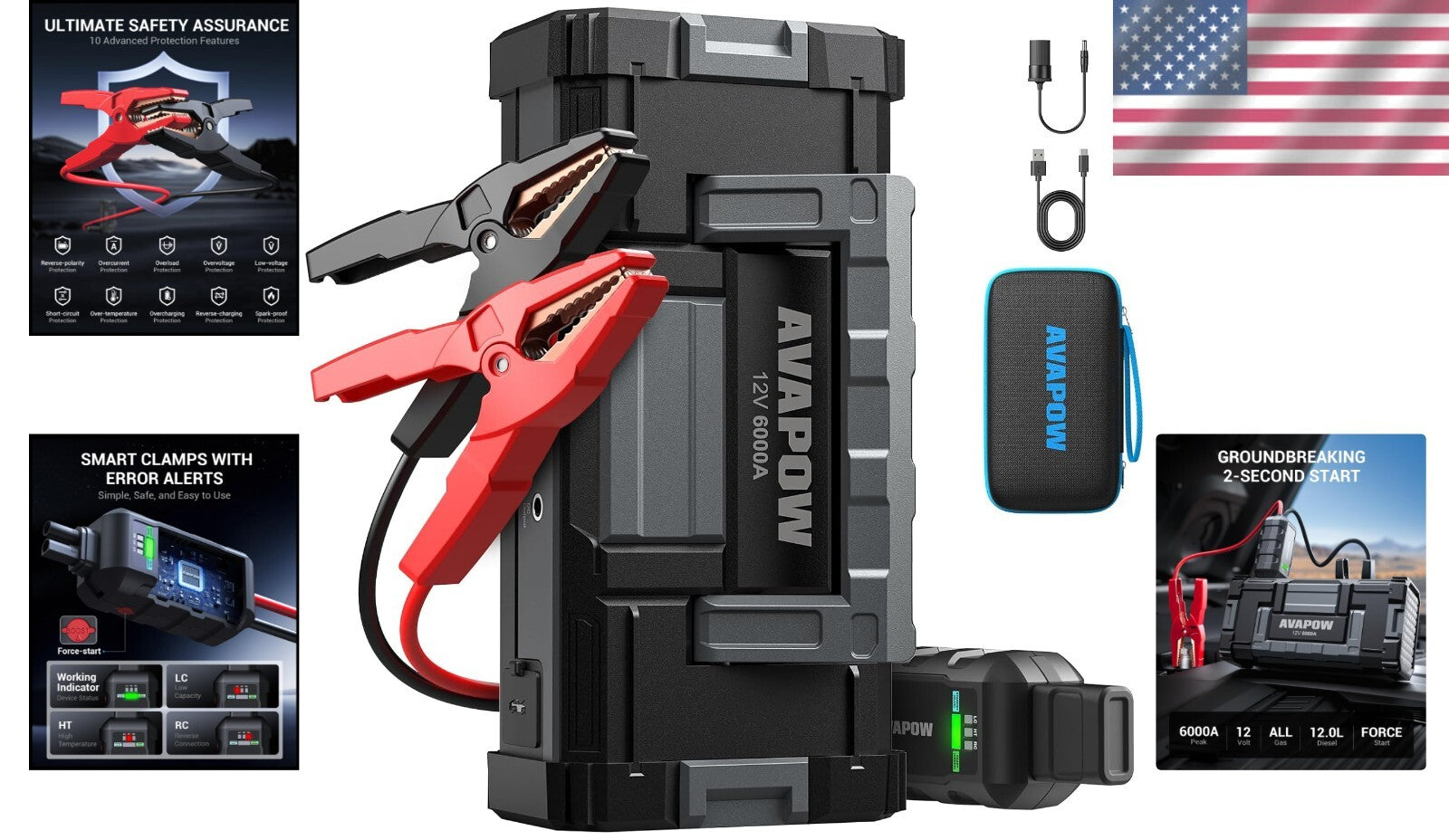 6000A Lightweight Jump Starter with USB Quick Charge & LED Light - All Vehicles