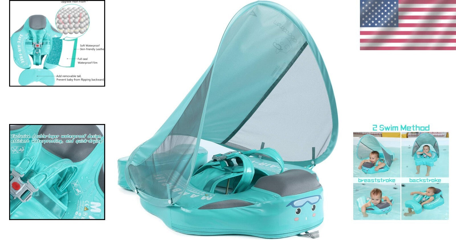 Baby Swim Float with Canopy - Ideal for Safe Backstroke & Breaststroke (3-24 M)