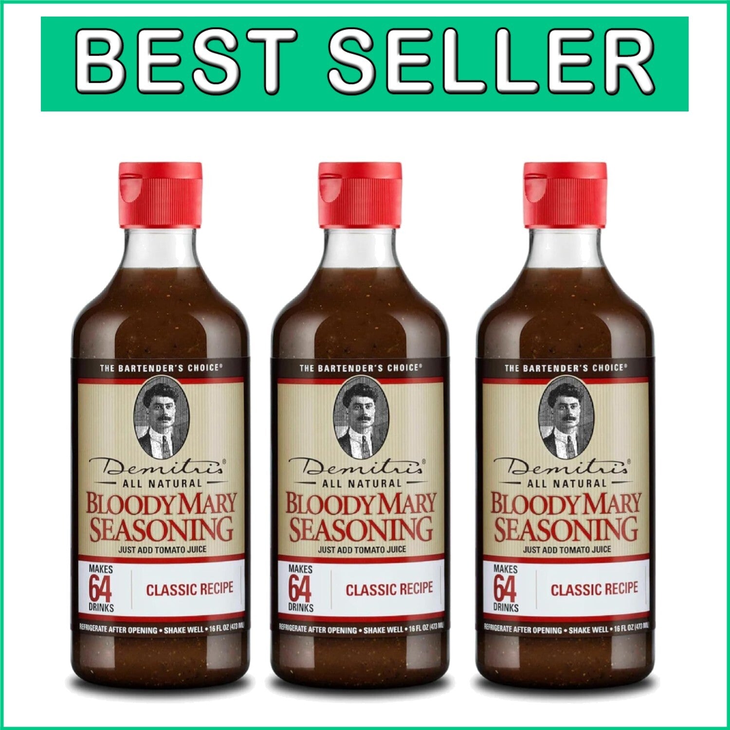 Demitri's Bloody Mary Mix Pack of 3 - 16 Oz Bottles, Non-Artificial Seasoning