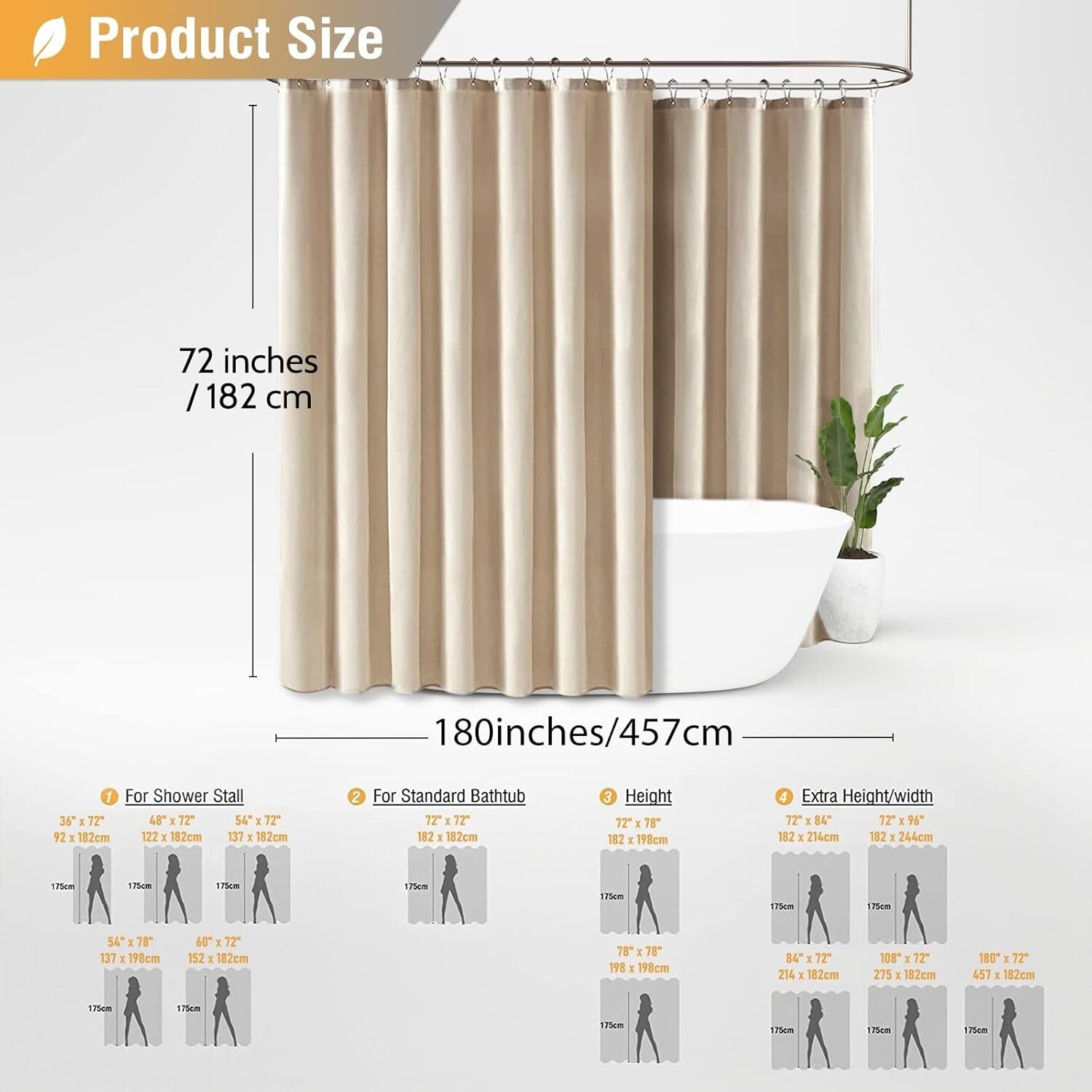 Premium Wide Shower Curtain 180" x 72" - Elegant Cream Polyester with 32 Hooks