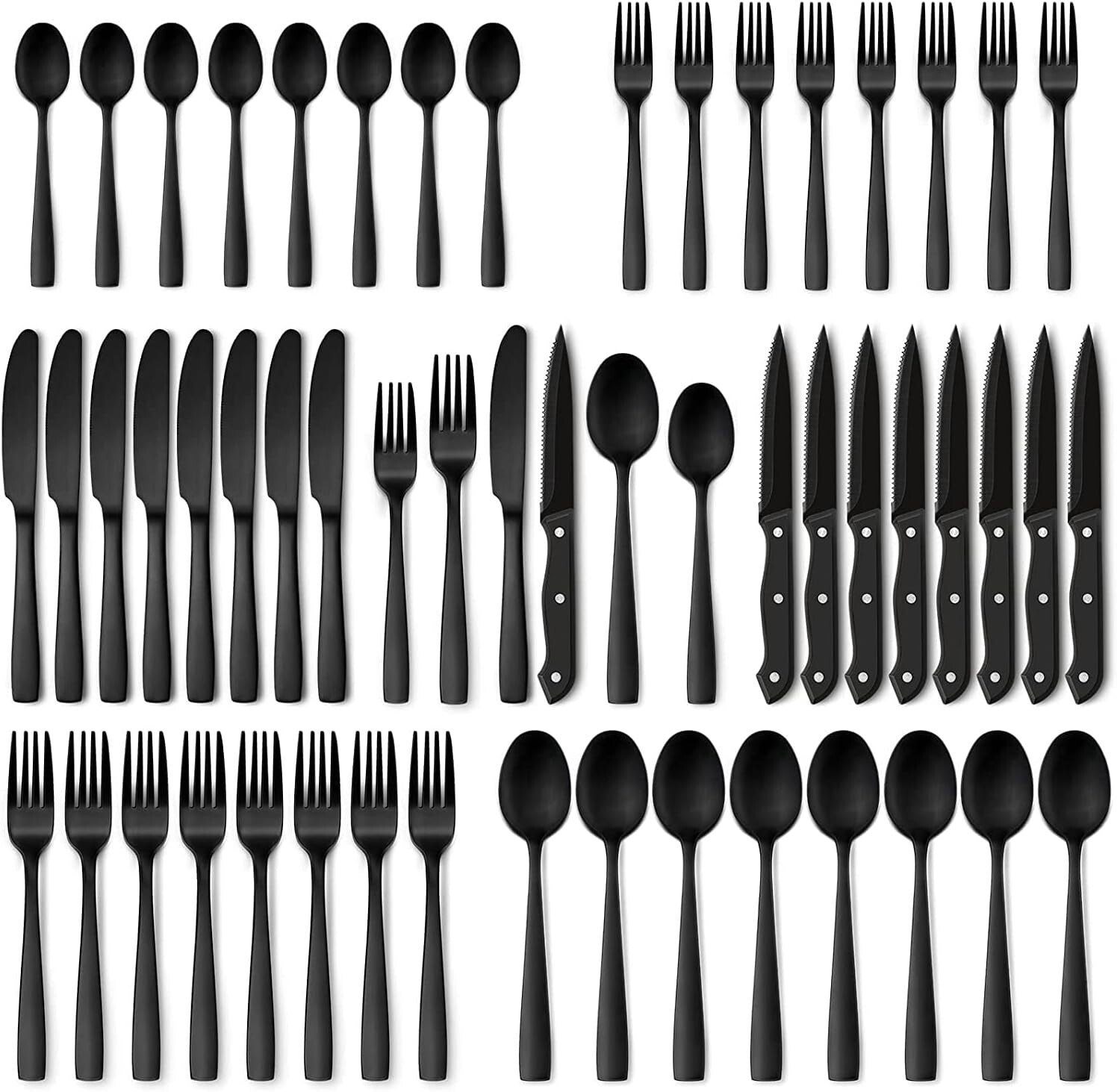 Complete 48-Piece Stainless Steel Matte Black Silverware Set for Upscale Dining