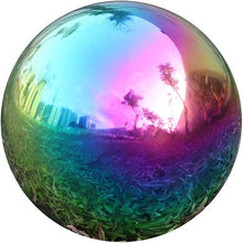 Load image into Gallery viewer, Vibrant Rainbow Gazing Ball - 12-Inch Stainless Steel Mirror Decor for Gardens