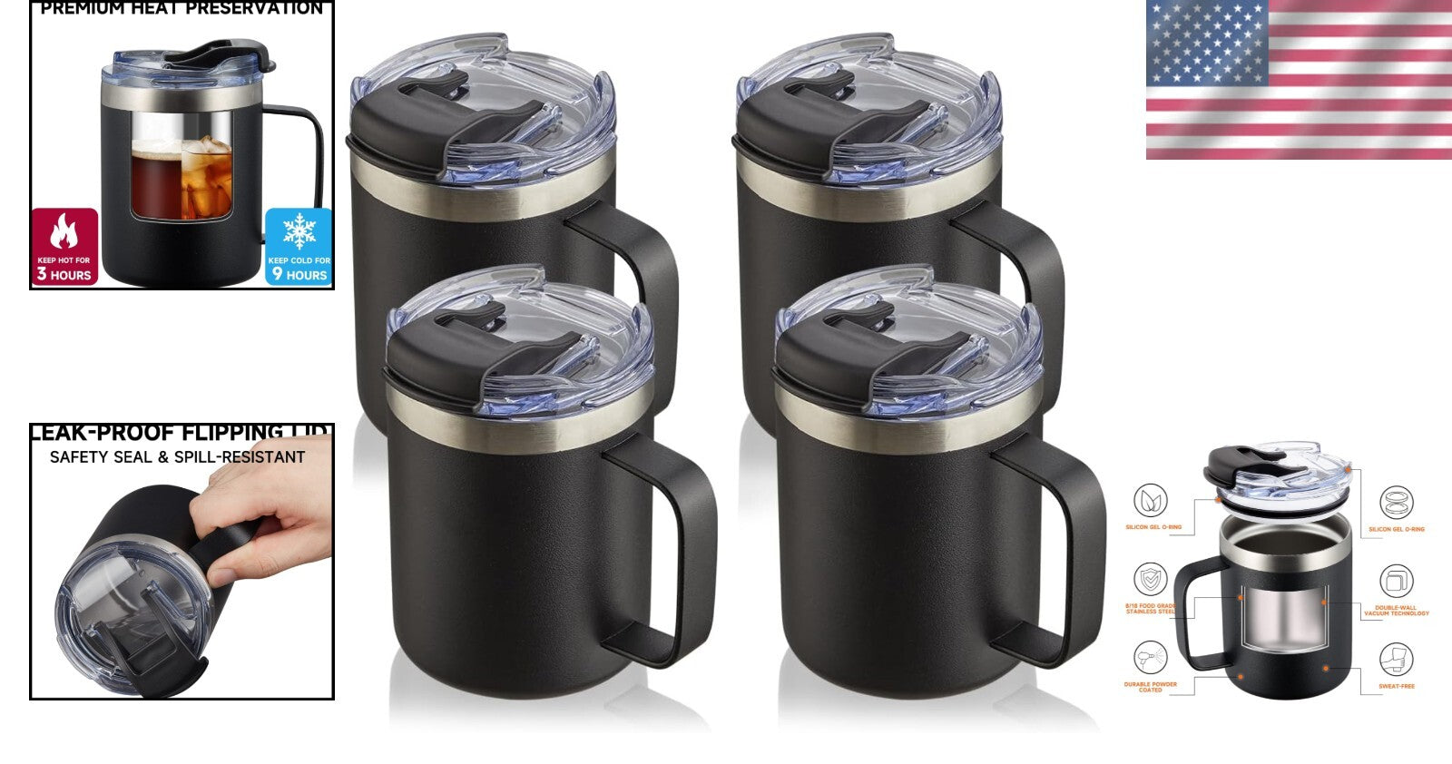 4 Pack 12oz Stainless Steel Insulated Travel Mugs with Comfortable Handles
