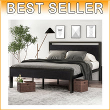 Load image into Gallery viewer, Squeak-Free Full Size Metal Bed Frame with Wooden Headboard &amp; Spacious Storage