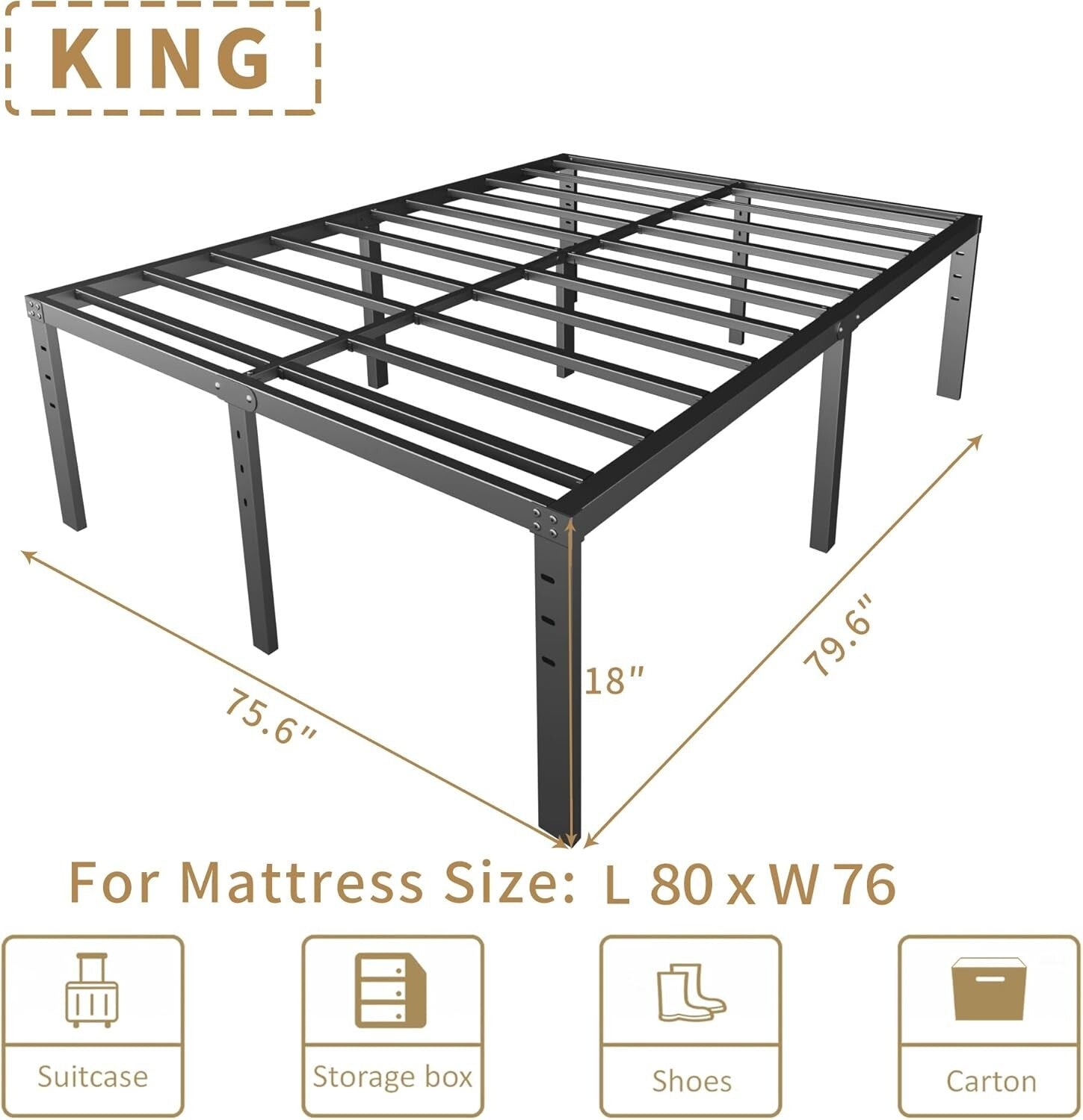 Sleek King Size Metal Bed Frame - Squeak Resistant with Ample Under-Bed Storage