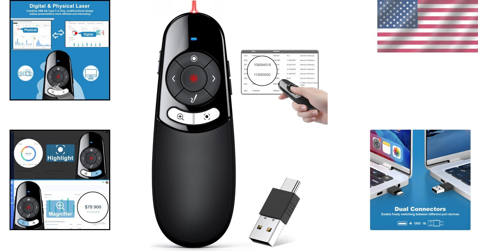 2-in-1 USB Type C Wireless Presentation Clicker - Advanced Highlight & Magnifier