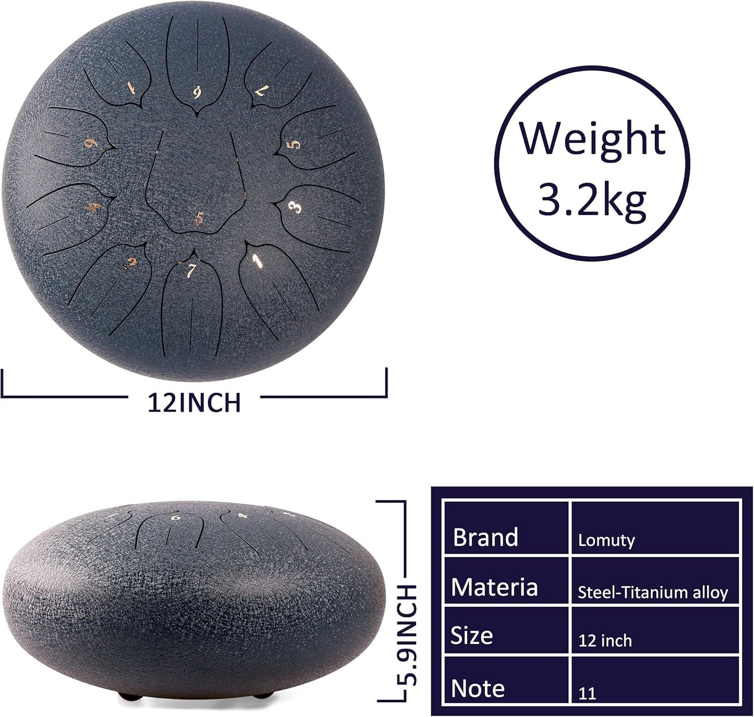 Beginner-Friendly 12" Steel Tongue Drum - Dark Blue for Meditation & Therapy